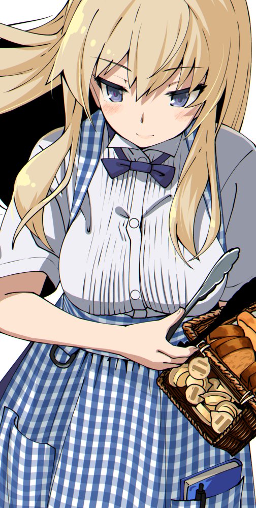 1girl bangs basket bismarck_(kantai_collection) blonde_hair blue_dress blue_eyes blue_ribbon blush book bread breasts checkered checkered_dress collared_shirt dress eyebrows_visible_through_hair floating_hair food hair_between_eyes holding iwasaki_takashi kantai_collection large_breasts light_smile long_hair pen picnic_basket pinafore_dress pocket ribbon shirt simple_background smile solo tongs white_background white_shirt