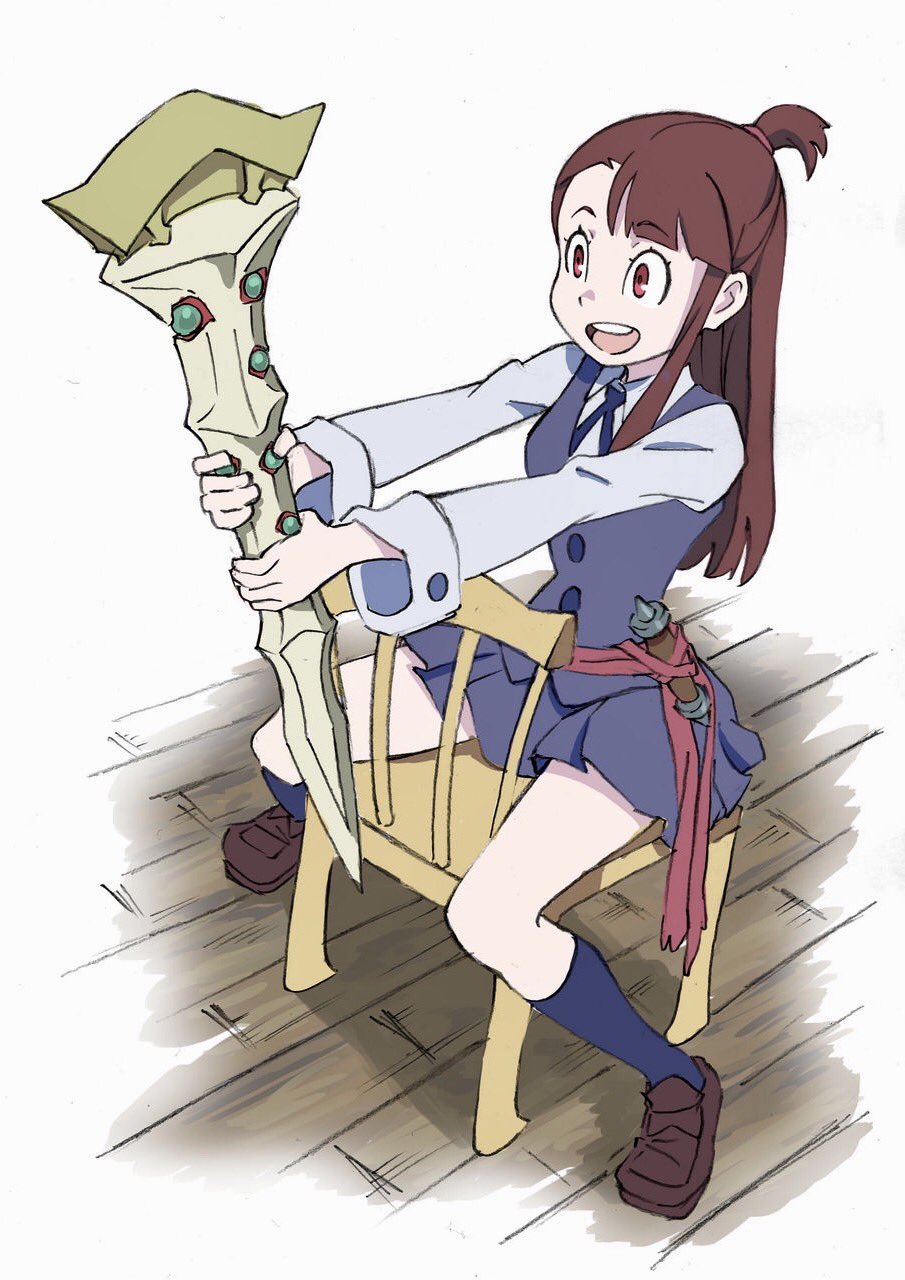 1girl akko_kagari arai_hiroki brown_hair chair dress highres holding holding_wand little_witch_academia loafers long_hair open_mouth shoes sitting smile socks uniform wand