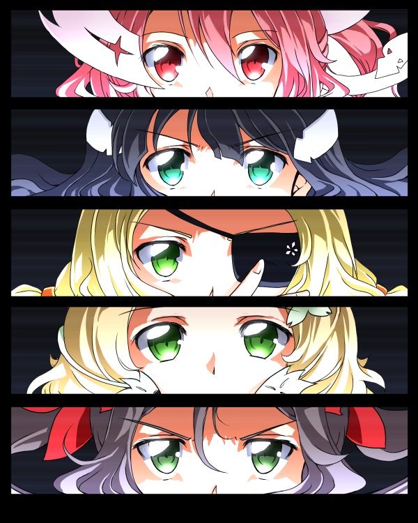 5girls black_hair blonde_hair brown_hair close-up column_lineup eyebrows_visible_through_hair eyepatch face green_eyes hair_between_eyes inubouzaki_fuu inubouzaki_itsuki kigiri looking_at_viewer magical_girl miyoshi_karin multiple_girls parody persona persona_eyes pink_hair red_eyes siblings sisters tougou_mimori yuuki_yuuna yuuki_yuuna_wa_yuusha_de_aru yuusha_de_aru