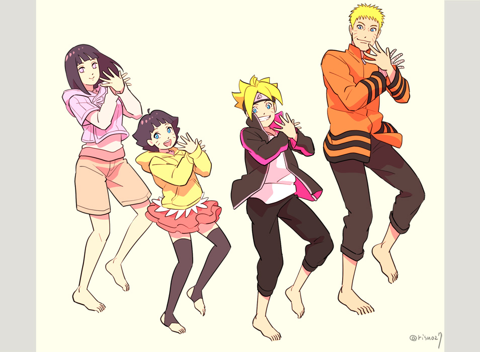 2boys 2girls barefoot black_hair blonde_hair blue_eyes capri_pants dancing facial_mark family father_and_daughter father_and_son forehead_protector husband_and_wife hyuuga_hinata koi_dance mother_and_daughter mother_and_son multiple_boys multiple_girls naruto pants risuo short_hair shorts toeless_legwear uzumaki_boruto uzumaki_himawari uzumaki_naruto whisker_markings