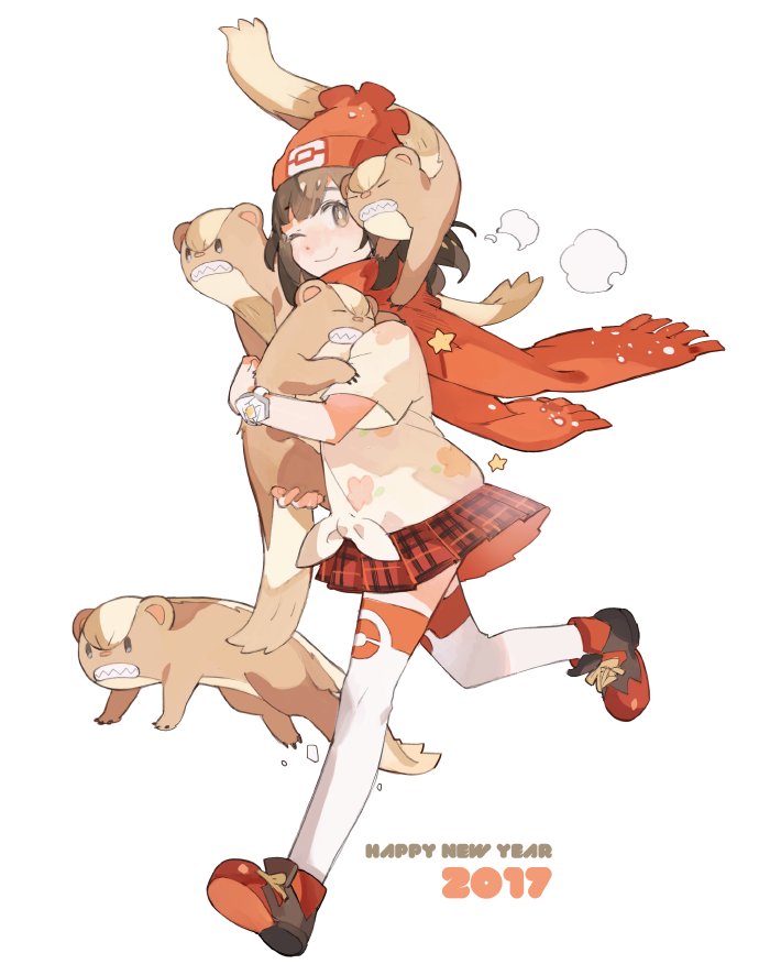 1girl beanie brown_eyes brown_hair female_protagonist_(pokemon_sm) floral_print happy_new_year hat new_year one_eye_closed pokemon pokemon_(creature) pokemon_(game) pokemon_sm red_hat shirt shoes short_hair short_sleeves smile sneakers solo starshadowmagician t-shirt tied_shirt white_background yungoos z-ring