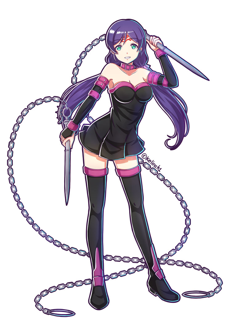 1girl bare_shoulders boots chains collar cosplay detached_sleeves dress dual_wielding fate/grand_order fate/stay_night fate_(series) full_body green_eyes kelinch1 long_hair looking_at_viewer love_live! love_live!_school_idol_project low_twintails purple_hair rider rider_(cosplay) short_dress simple_background smile solo standing strapless strapless_dress thigh-highs thigh_boots toujou_nozomi twintails twitter_username weapon white_background zettai_ryouiki