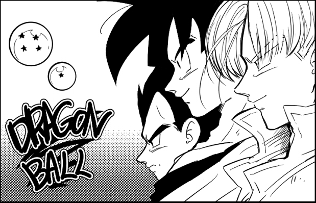 3boys black_eyes black_hair copyright_name dragon_ball dragon_ball_(object) dragonball_z father_and_son jacket looking_away male_focus monochrome multiple_boys official_style petagon serious short_hair simple_background smile son_gokuu spiky_hair trunks_(dragon_ball) vegeta white_background