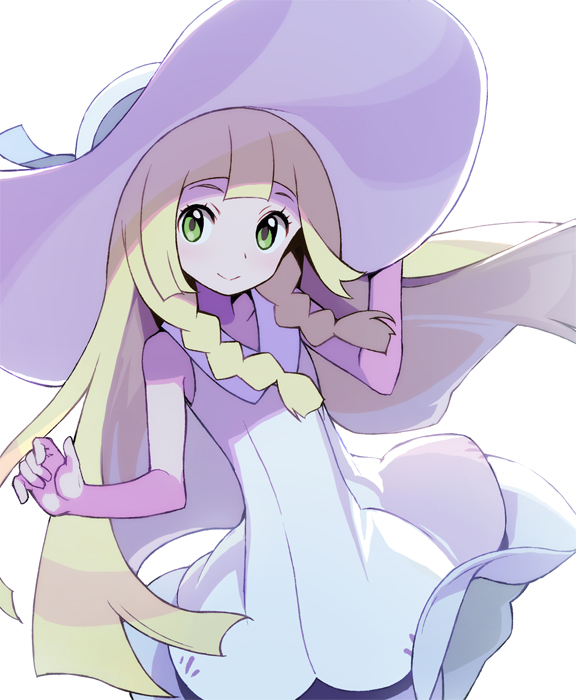 1girl blonde_hair braid collared_dress dress green_eyes hat holding holding_hat lillie_(pokemon) pokemon pokemon_(game) pokemon_sm shunin sleeveless sleeveless_dress solo sun_hat