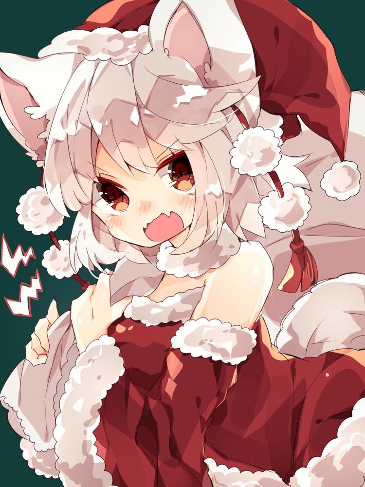 1girl animal_ears bag bare_shoulders fangs hat inubashiri_momiji nikorashi-ka open_mouth pom_pom_(clothes) red_eyes santa_costume santa_hat short_hair silver_hair solo touhou wolf_ears