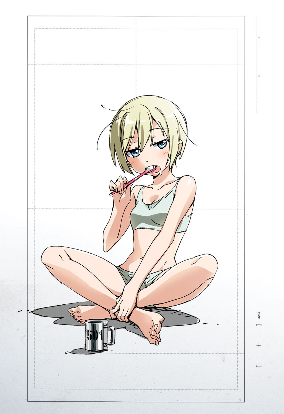 1girl 501st_joint_fighter_wing blonde_hair bra brushing_teeth cup erica_hartmann half-closed_eyes highres indian_style looking_at_viewer mug shadow short_hair shorts simple_background sitting sleepy solo sports_bra strike_witches takamura_kazuhiro toothbrush underwear underwear_only white_background world_witches_series