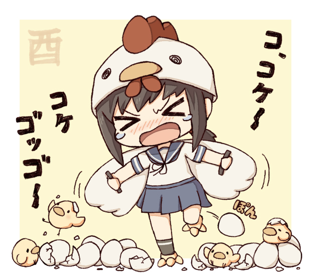 &gt;_&lt; 1girl animal_costume bird black_hair blush chibi chicken closed_eyes commentary_request egg_laying eggshell fubuki_(kantai_collection) kantai_collection kata_meguma one_leg_raised open_mouth outstretched_arms rooster school_uniform serafuku tears translation_request year_of_the_rooster