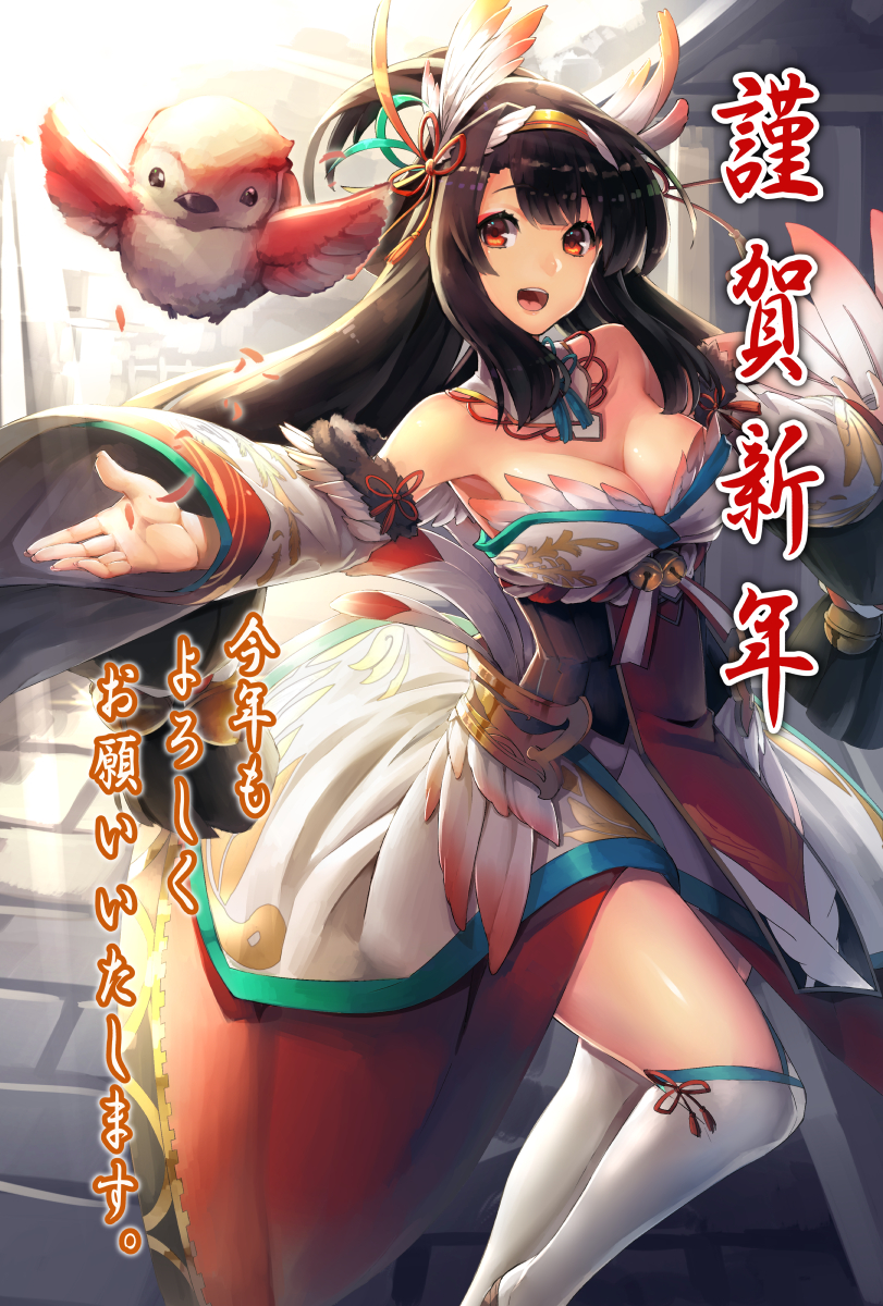 1girl :d backlighting bare_shoulders bird black_hair breasts chick cleavage detached_collar detached_sleeves female hair_ribbon hairband happy_new_year highres knee_up large_breasts long_hair looking_at_viewer nengajou new_year open_mouth original outdoors outstretched_arm over-kneehighs red_eyes red_ribbon ribbon round_teeth smile solo strapless sukocchi teeth thigh-highs thighs translated white_legwear