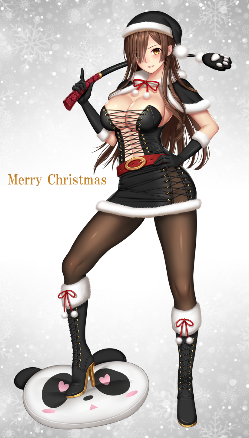 1girl animal_pillow belt black_boots black_dress black_gloves black_santa_costume boots breasts brown_eyes brown_hair brown_legwear capelet christmas cleavage cross-laced_clothes cross-laced_footwear dress eyes_visible_through_hair fur_trim gloves hair_over_one_eye hand_on_hip hat high_heel_boots high_heels highres knee_boots large_breasts long_hair looking_at_viewer merry_christmas pantyhose pom_pom_(clothes) riding_crop santa_costume santa_hat shimashima08123 smile solo stepped_on strapless strapless_dress tokyo_exe_girls