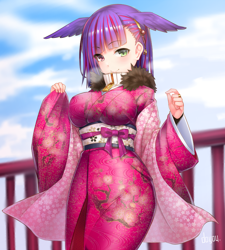 1girl animal_ears breasts doyouwantto green_eyes heterochromia japanese_clothes jewelry kimono long_hair looking_at_viewer multicolored_hair original purple_hair ring sash smile solo two-tone_hair violet_eyes