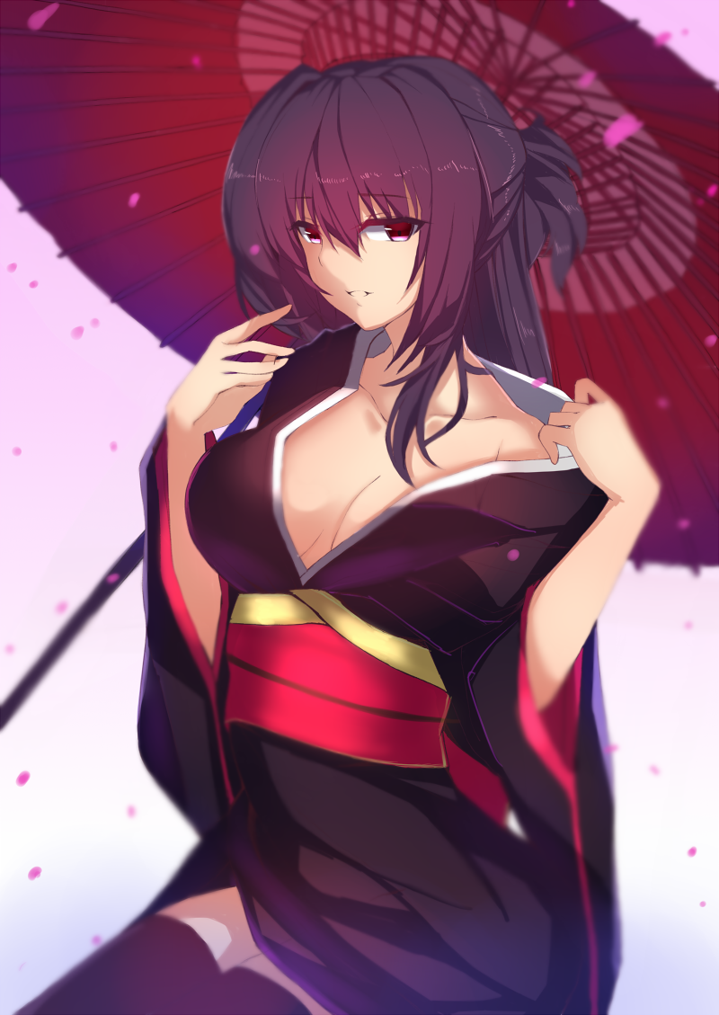 1girl bangs bare_shoulders black_legwear blurry breasts depth_of_field eyebrows_visible_through_hair fate/grand_order fate_(series) hair_between_eyes japanese_clothes kimono large_breasts long_hair looking_at_viewer naughty_face no_bra oriental_umbrella parted_lips petals purple_hair red_eyes saisarisu scathach_(fate/grand_order) sitting smile solo thigh-highs umbrella violet_eyes