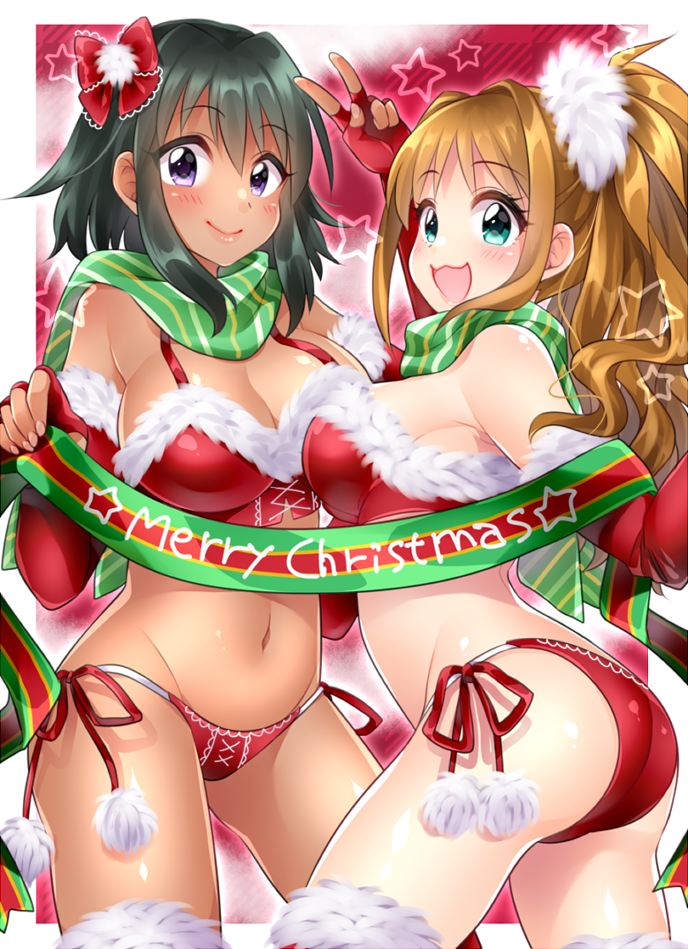 2girls :3 :d ass black_hair bow breasts brown_hair christmas cleavage dark_skin elbow_gloves fingerless_gloves fur_trim gloves green_eyes green_scarf hair_bow hair_ornament hair_scrunchie hino_akane_(idolmaster) idolmaster idolmaster_cinderella_girls large_breasts looking_at_viewer merry_christmas mio_(mgr300) multiple_girls natalia_(idolmaster) navel open_mouth panties pom_pom_(clothes) ponytail red_bow red_gloves red_panties ribbon scarf scrunchie short_hair side-tie_panties smile striped striped_scarf underwear v violet_eyes