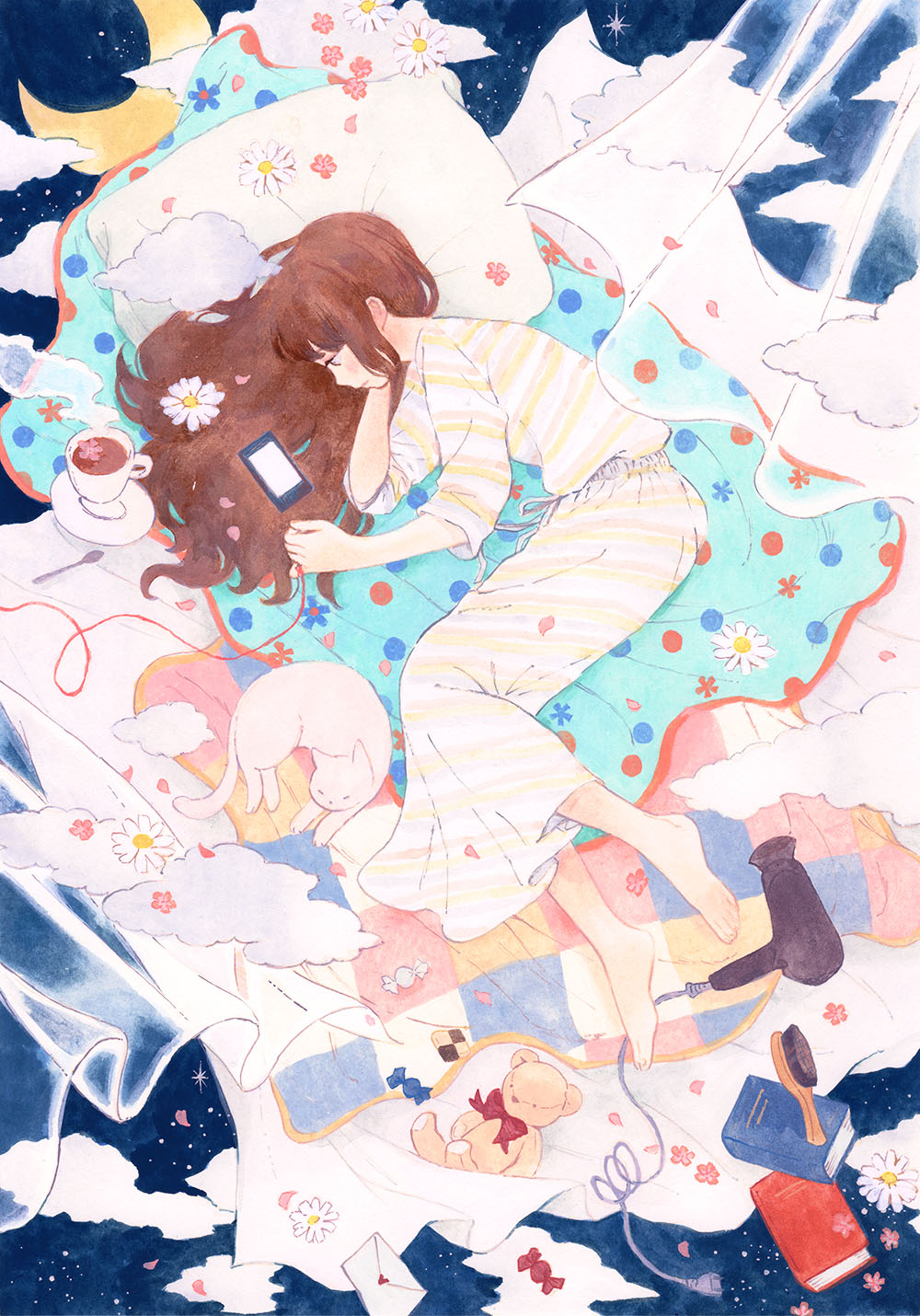 1girl acrylic_paint_(medium) animal bangs barefoot blanket book brown_hair candy cat cellphone clenched_hand clouds commentary_request crescent_moon cup curtains envelope flower food graphite_(medium) hair_brush hair_dryer highres inoue_haruka_(haruharu210) light_frown long_hair lying moon night night_sky on_side original petals phone pillow quilt red_string saucer shirt skirt sky smartphone solo spoon star_(sky) starry_sky steam string string_around_finger striped striped_shirt striped_skirt stuffed_animal stuffed_toy teacup teddy_bear traditional_media white_cat