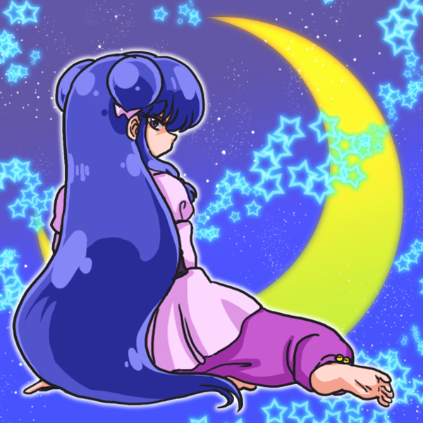 1girl arm_support bangs blue_hair chinese_clothes crescent_moon from_behind full_body long_hair looking_at_viewer looking_back moon night night_sky pants pink_shirt purple_pants ranma_1/2 shampoo_(ranma_1/2) shirt sitting sky solo star starry_background violet_eyes wantan-orz