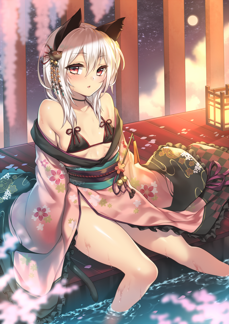 1girl animal_ears bare_shoulders black_bra blurry blush bra breasts cat_ears cherry_blossoms depth_of_field floral_print full_moon fuya_(tempupupu) hair_ornament japanese_clothes kimono looking_at_viewer moon original parted_lips red_eyes short_hair sitting sleeves_past_wrists small_breasts soaking_feet solo tail underwear wet white_hair