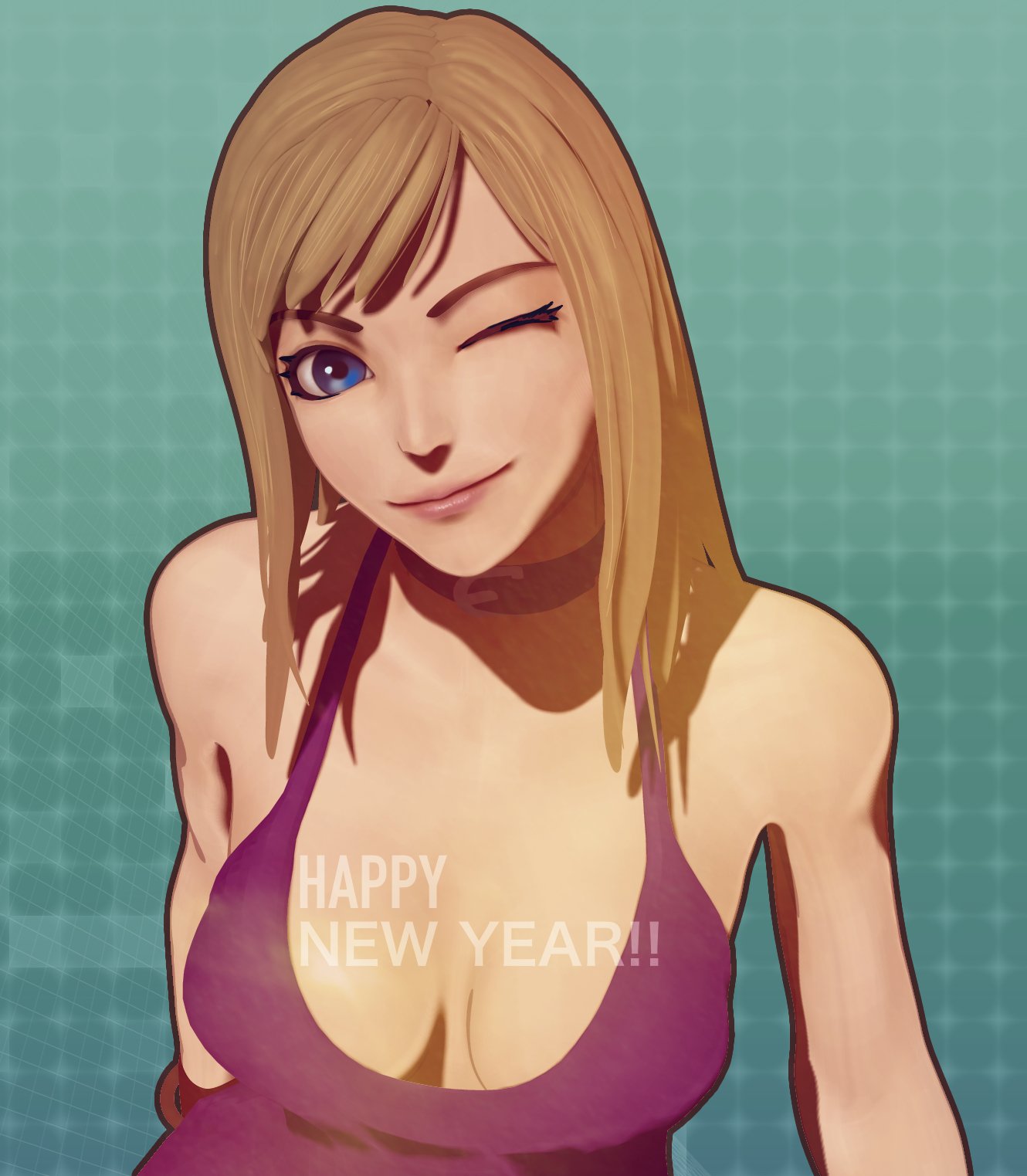 1girl 2017 blonde_hair blue_eyes bonne_jenet breasts choker cleavage dress eyebrows happy_new_year highres long_hair mark_of_the_wolves medium_breasts new_year no_bra nobuyuki_kuroki purple_dress snk solo the_king_of_fighters