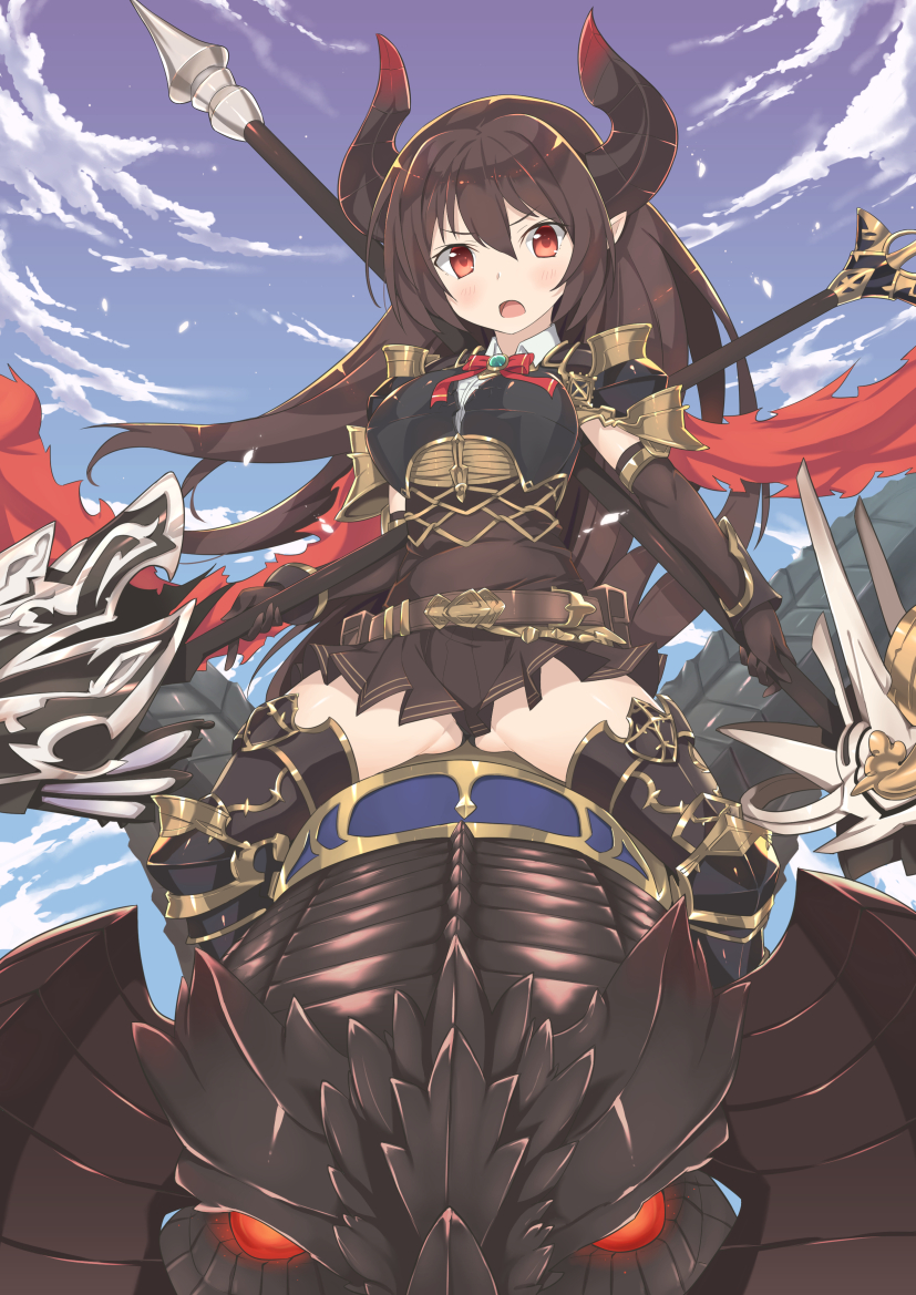 &gt;:o 1girl :o armor armored_boots ass bangs belt_pouch black_legwear black_panties blue_sky blush boots bow bowtie bracer breastplate brooch brown_belt brown_dress brown_gloves brown_hair buckle clouds doraf dragon dress dual_wielding elbow_gloves flying forte_(shingeki_no_bahamut) gloves glowing glowing_eyes granblue_fantasy hair_between_eyes holding holding_spear holding_weapon horns jewelry lance lo_xueming long_hair looking_at_viewer open_mouth outdoors panties pantyshot pantyshot_(sitting) pleated_skirt pointy_ears polearm red_bow red_bowtie red_eyes red_scarf riding scarf shingeki_no_bahamut shiny shiny_hair shirt short_dress sitting skirt sky solo spaulders spread_legs thigh-highs thigh_boots underwear very_long_hair weapon white_shirt wind zettai_ryouiki