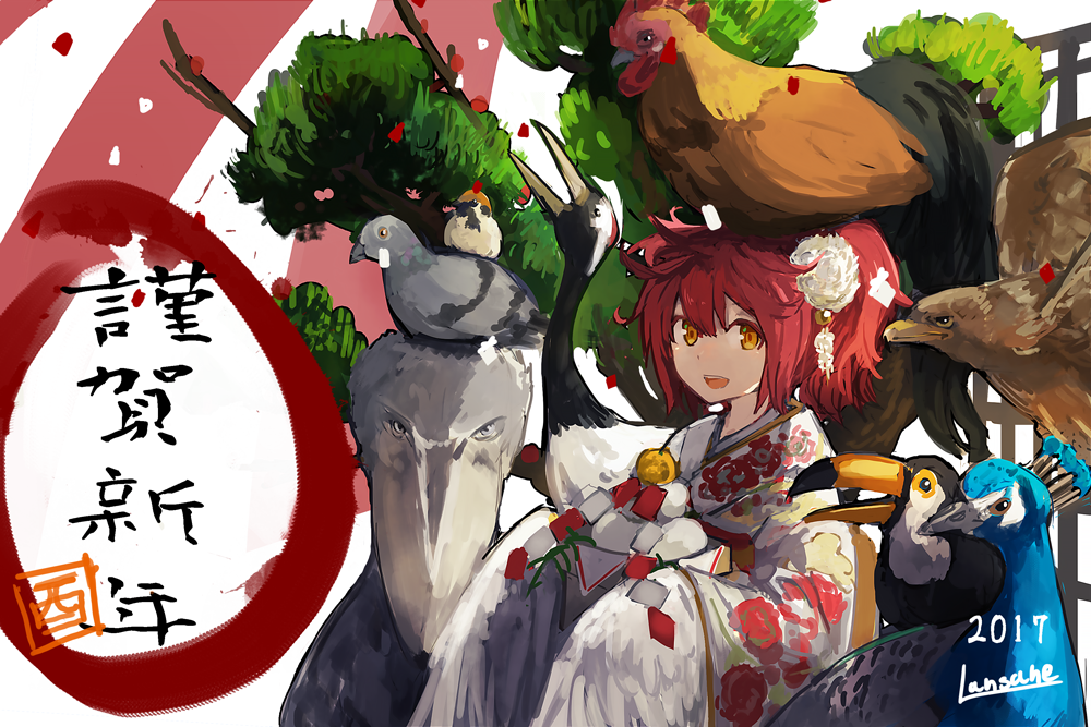 1girl 2017 animal animal_on_head artist_name beak bird bird_on_head brown_eyes chicken commentary_request crane_(animal) eagle furisode hair_ornament hair_up japanese_clothes kimono l lansane long_sleeves looking_at_viewer macaw new_year obi open_mouth original parrot peacock pigeon redhead sash smile swallow torii translated twintails wide_sleeves