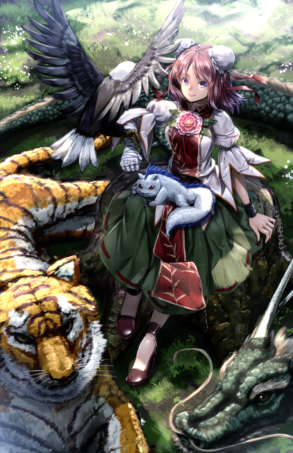 1girl animal arm_at_side bandage bandaged_arm bird brown_shoes bun_cover chains claws cuffs day double_bun dragon eagle from_above full_body grass green_shirt high_heels highres houso ibaraki_kasen koutei_(touhou) kume_(touhou) long_skirt looking_at_viewer md5_mismatch no_socks outdoors pink_eyes puffy_short_sleeves puffy_sleeves raijuu red_eyes redhead revision ryosios scales shackles shirt shoes short_hair short_sleeves sitting skirt sunlight tabard talons tiger touhou tree_stump whiskers