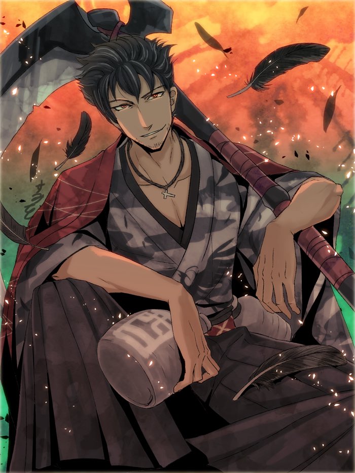 1boy black_hair bottle cross cross_necklace facial_hair feathers hakama jacket_on_shoulders japanese_clothes jewelry necklace qrow_branwen rwby sake_bottle scythe stubble sumiwow