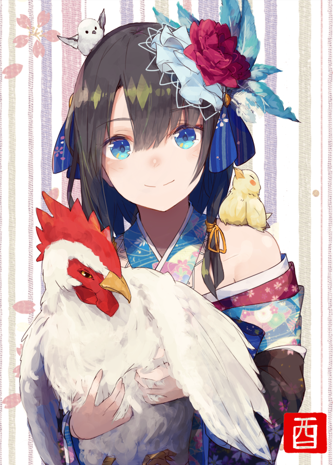 1girl animal animal_on_head bare_shoulders bird black_hair blue_eyes chicken flower hair_flower hair_ornament japanese_clothes looking_at_viewer original roll_okashi rooster short_hair smile solo