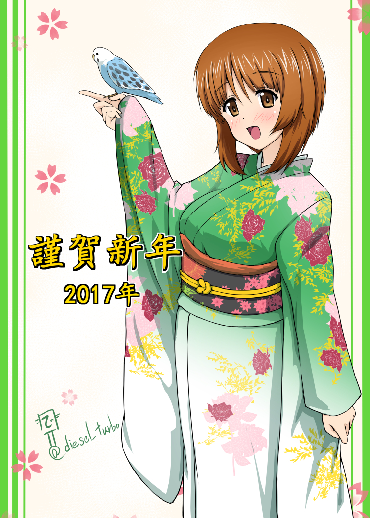 2017 :d bird bird_request brown_eyes brown_hair diesel-turbo floral_background floral_print girls_und_panzer green_kimono japanese_clothes kimono new_year nishizumi_miho open_mouth short_hair sidelocks signature smile twitter_username wide_sleeves year_of_the_rooster