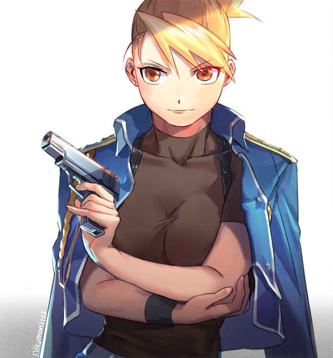 &gt;:) 1girl arm_holding bangs blonde_hair blue_jacket breasts cleavage closed_mouth finger_on_trigger fingernails folded_ponytail fullmetal_alchemist gradient gradient_background gun hand_on_own_elbow handgun holding holding_gun holding_weapon holy_pumpkin jacket jacket_on_shoulders lips looking_at_viewer medium_breasts military military_uniform orange_eyes pinky_out riza_hawkeye short_sleeves skin_tight smile solo twitter_username uniform upper_body weapon white_background wristband