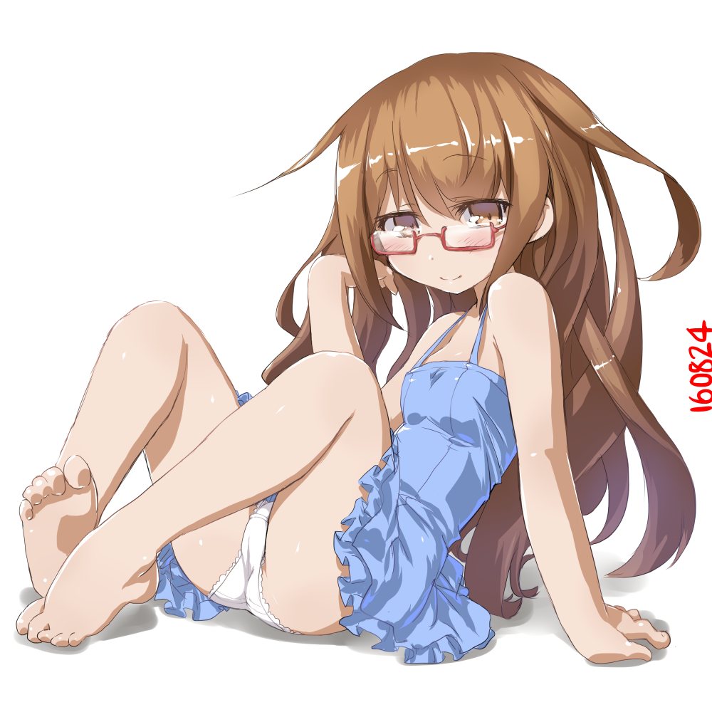 1girl adjusting_hair arm_support barefoot blush camisole dd_(ijigendd) feet glasses hair_flaps kantai_collection legs legs_up long_hair looking_at_viewer mochizuki_(kantai_collection) panties pantyshot red-framed_eyewear simple_background sitting solo underwear very_long_hair white_background