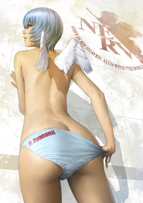 1girl angel ass ayanami_rei back bangs blue_hair blue_panties butt_crack character_name closed_mouth cowboy_shot feathered_wings from_below looking_at_viewer looking_back looking_down mini_wings neon_genesis_evangelion nerv panties panty_pull profile pulled_by_self realistic red_eyes short_hair solo topless underwear watanabe_yasuaki white_wings wings