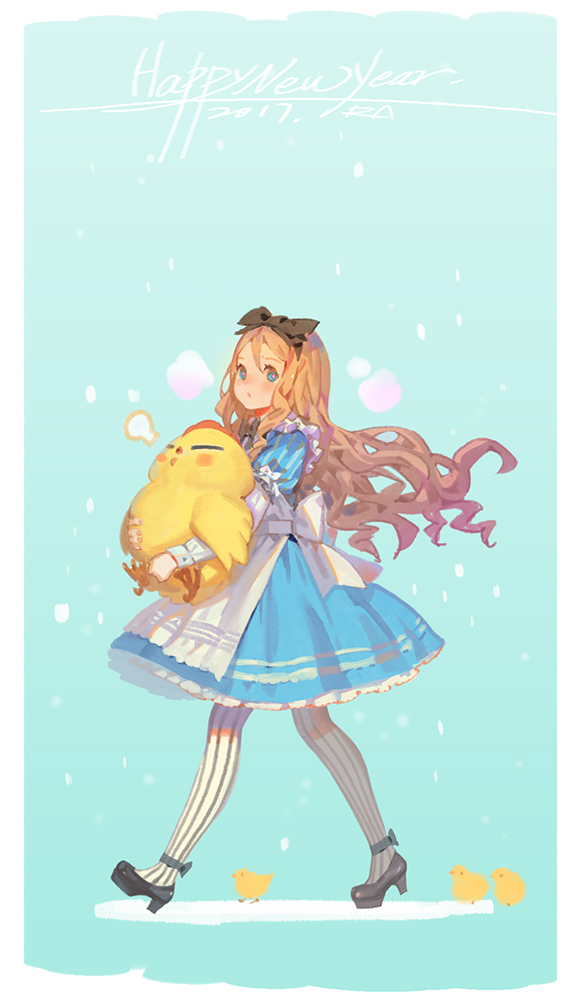 1girl 2017 :o alice_(wonderland) alice_in_wonderland alphonse_(white_datura) ankle_ribbon aqua_background bird black_bow black_bowtie black_shoes blonde_hair blue_dress blue_eyes blush bow bowtie carrying chick chicken dress english eyelashes fat floating_hair from_side fume hair_bow hairband happy_new_year light_brown_hair long_sleeves looking_at_viewer new_year original pantyhose puffy_short_sleeves puffy_sleeves ribbon shoes short_dress short_over_long_sleeves short_sleeves signature snowing striped striped_legwear vertical-striped_legwear vertical_stripes walking wavy_hair white_apron white_border white_legwear year_of_the_rooster