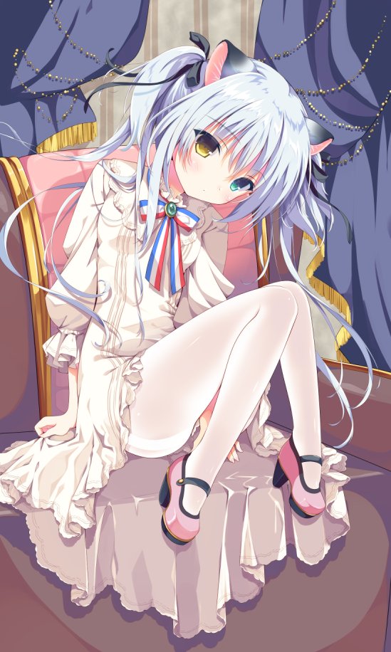 amanagi_seiji animal_ears bangs black_ribbon blush brown_dress cat_ears cat_girl commentary couch curtains dress eyebrows_visible_through_hair french_flag fringe green_eyes hair_ribbon heterochromia high_heels knees_together_feet_apart knees_up looking_at_viewer on_couch original pantyhose pink_shoes puffy_sleeves ribbon shoes silver_hair sitting striped striped_ribbon twintails vertical_stripes white_legwear yellow_eyes