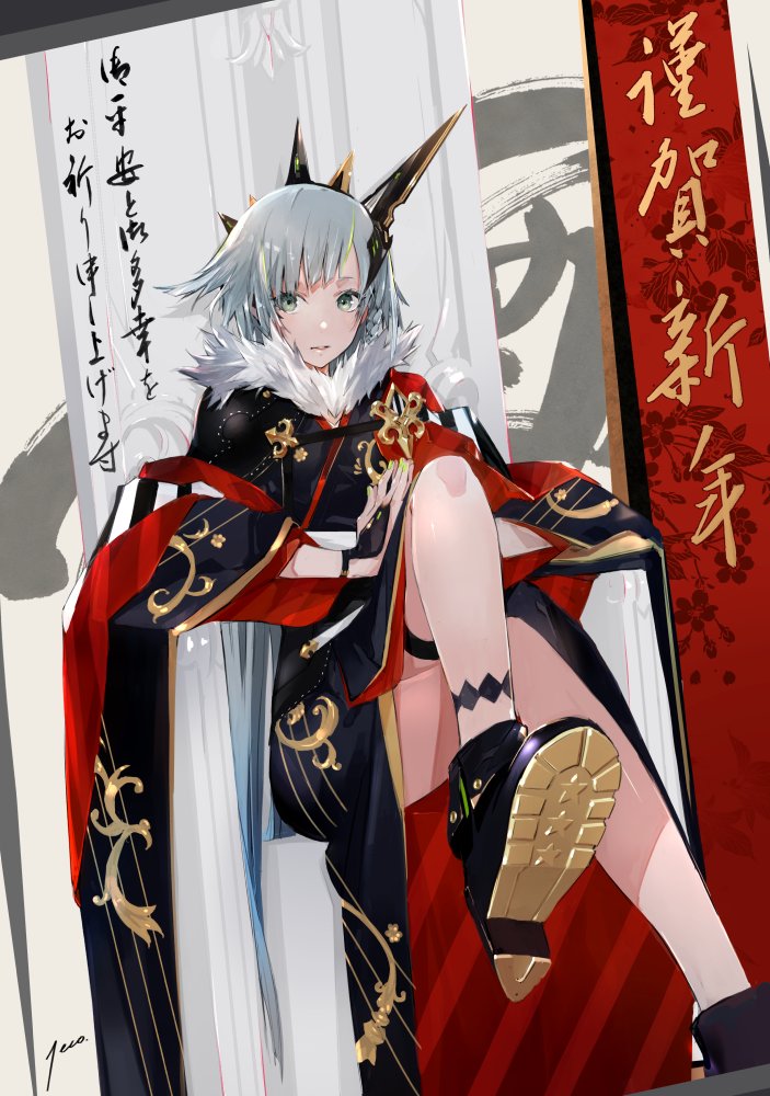 1girl artist_name black_boots boots chair dutch_angle fur_trim grey_eyes happy_new_year headpiece japanese_clothes kimono knee_up leg_lift legs_crossed nengajou new_year original own_hands_together short_hair signature silver_hair sitting solo thigh_strap wide_sleeves yucca-612