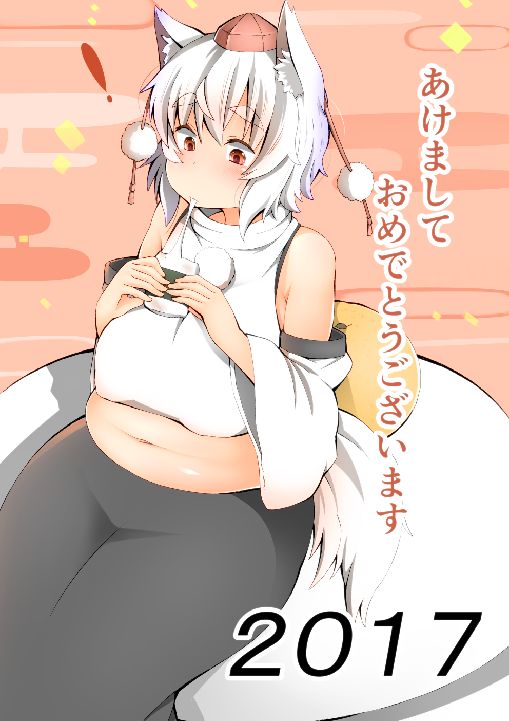 ! 1girl animal_ears bare_shoulders belly black_skirt blush breasts commentary_request detached_sleeves eating egasumi erect_nipples eyebrows_visible_through_hair food highres inubashiri_momiji large_breasts long_skirt mochi navel pink_background plump pom_pom_(clothes) red_eyes sagging_breasts shiny shiny_skin shirt shishi_juuroku short_eyebrows short_hair sitting skirt sleeveless sleeveless_shirt solo tail thick_eyebrows thick_thighs touhou translation_request turtleneck wagashi white_hair white_shirt wide_hips wide_sleeves wolf_ears wolf_tail