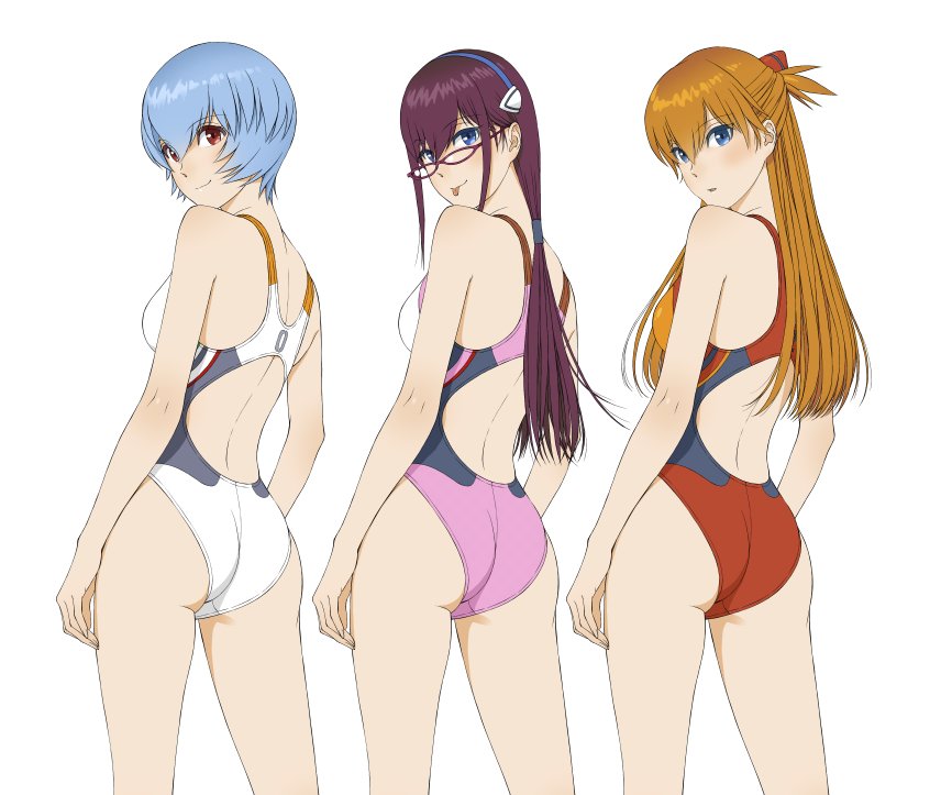 3girls :p adapted_costume ass ayanami_rei bare_arms bare_legs bare_shoulders blue_eyes blue_hair blush brown_hair competition_swimsuit cowboy_shot female from_behind long_hair looking_at_viewer looking_back makinami_mari_illustrious multiple_girls neon_genesis_evangelion one-piece_swimsuit parted_lips purple-framed_eyewear purple_hair red_eyes short_hair simple_background smile souryuu_asuka_langley swimsuit tongue tongue_out watanabe_yasuaki white_background