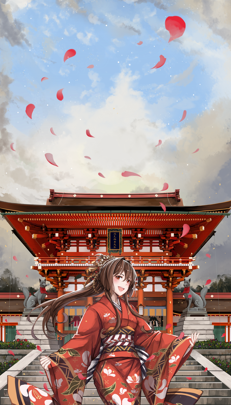 1girl :d architecture brown_hair building clouds cloudy_sky commentary_request cowboy_shot east_asian_architecture floral_print flower hair_between_eyes hair_flower hair_ornament happy_new_year highres japanese_clothes kantai_collection kimono long_hair looking_at_viewer new_year obi open_mouth outdoors outstretched_arms perspective petals red_kimono sash sekigan shrine sky smile stairs statue stone_stairs temple tree very_long_hair wide_sleeves yamato_(kantai_collection)