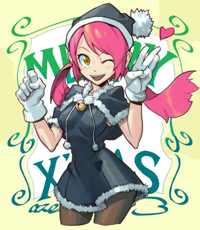 1girl aze_3 bell black_dress black_santa_costume breasts brown_eyes capelet christmas cropped_legs dress gloves hat heart jingle_bell long_hair low_twintails original pantyhose pink_hair santa_costume santa_hat short_dress small_breasts smile solo twintails white_gloves