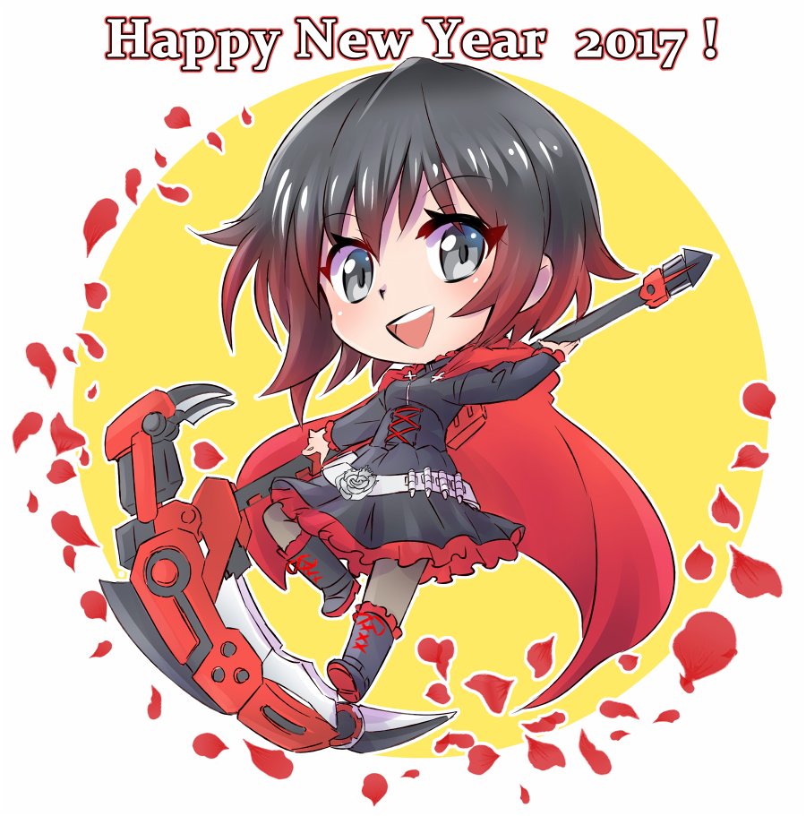 1girl cape chibi commentary crescent_rose english happy_new_year iesupa new_year petals ruby_rose rwby rwby_chibi