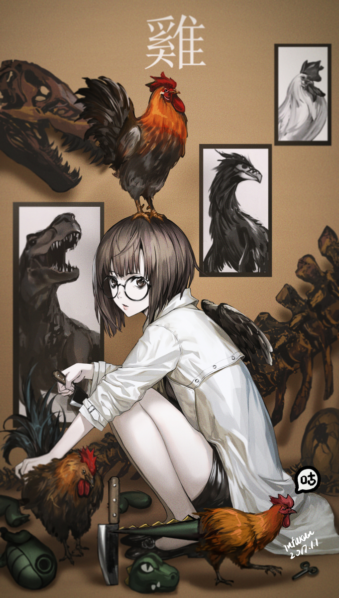 1girl 2017 animal animal_on_head animal_skull bangs bare_legs bird bird_on_head black-framed_eyewear black_eyes black_hair black_shoes black_shorts black_wings blurry bob_cut bone buckle commentary_request dated depth_of_field dinosaur dinosaur_tail feathered_wings floor frame from_side highres holding holding_knife infukun knife lips looking_at_viewer new_year original pale_skin parted_lips photo_(object) planted_knife planted_weapon round_teeth shoes short_hair shorts signature sleeves_pushed_up speech_bubble squatting teeth wall weapon winding_key wings year_of_the_rooster