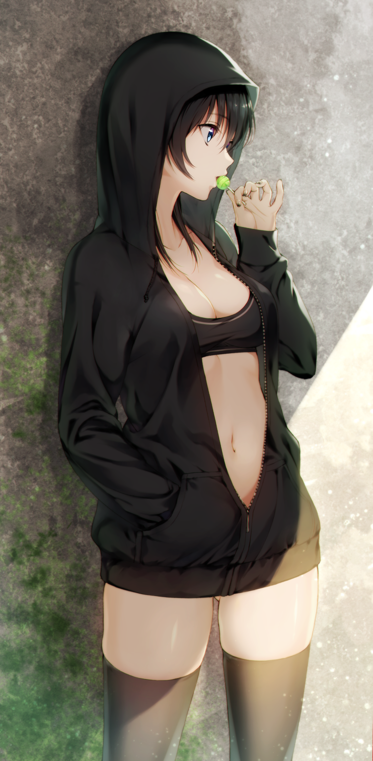 1girl against_wall bangs black_hair black_legwear black_nails black_sweater blue_eyes breasts candy cleavage collarbone cowboy_shot eating eyebrows eyebrows_visible_through_hair food gluteal_fold hair_between_eyes hand_in_pocket hand_up highres hood hoodie lollipop looking_to_the_side medium_breasts midriff nail_polish navel open_clothes original outdoors shadow solo standing sweater tank_top thigh-highs tokki unzipped