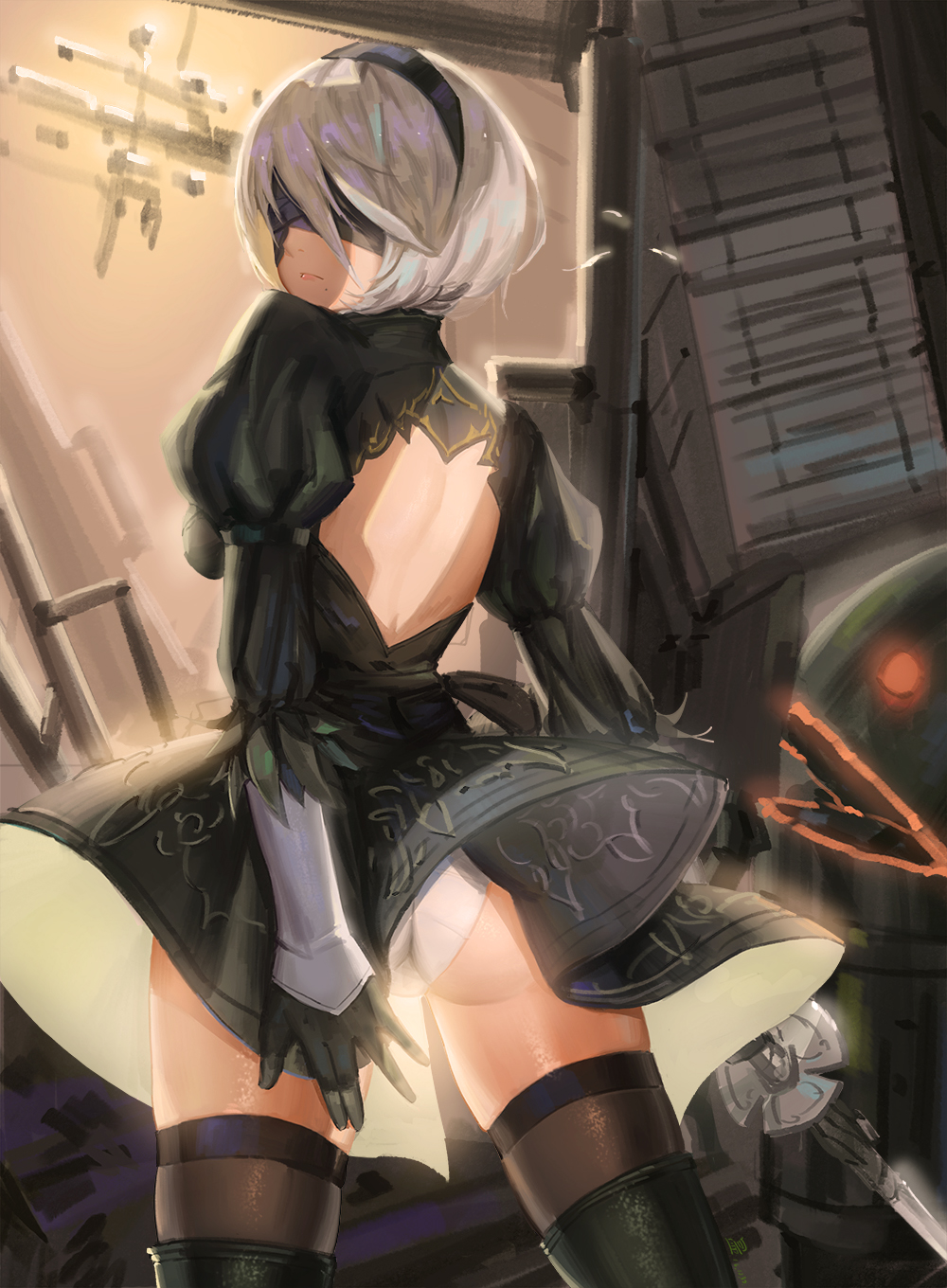 1girl android ass black_boots black_dress black_gloves black_hairband black_legwear blindfold boots breasts closed_mouth covered_eyes cowboy_shot dress from_behind gloves hairband highres holding holding_sword holding_weapon juliet_sleeves legs_apart lips long_sleeves looking_at_viewer looking_back medium_breasts mole mole_under_mouth nier_(series) nier_automata panties pantyshot pantyshot_(standing) pink_lips puffy_sleeves robot short_dress short_hair silver_hair sk_tori solo standing sword thigh-highs thigh_boots turtleneck underwear upskirt vambraces weapon white_panties yorha_unit_no._2_type_b