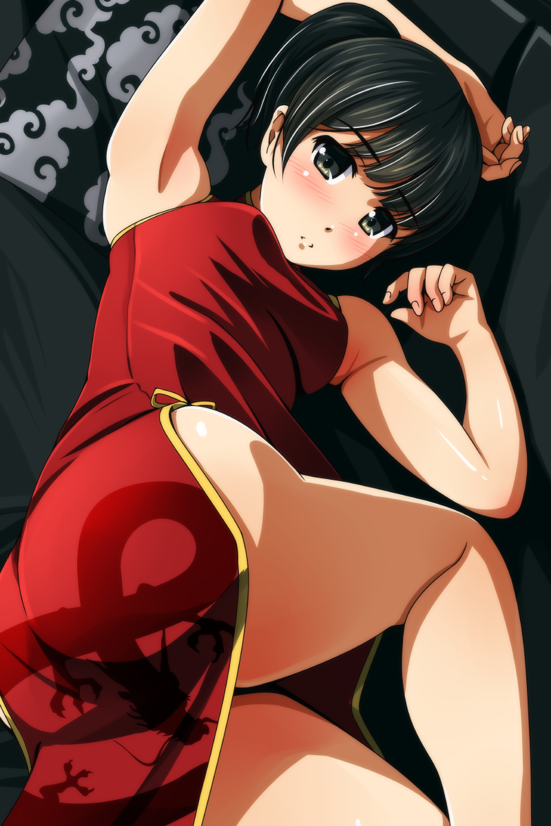 1girl armpits arms_up ass bare_legs bare_shoulders bent_knees black_hair blush breasts china_dress chinese_clothes couch dragon_print dress dutch_angle eyebrows_visible_through_hair from_below green_eyes highres looking_at_viewer matsunaga_kouyou medium_breasts on_couch open_mouth original pelvic_curtain pillow red_dress short_hair side_ponytail sleeveless sleeveless_dress solo tareme thighs twisted_torso