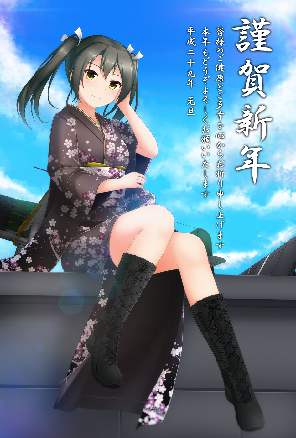 1girl aircraft airplane bangs black_boots black_hair black_kimono blue_sky blush boots clouds cloudy_sky floral_print green_eyes hand_in_hair happy_new_year hexagon highres japanese_clothes kantai_collection kimono lens_flare looking_at_viewer nengajou new_year obi outdoors sana_(sauber0531) sash sitting sky smile solo twintails zuikaku_(kantai_collection)