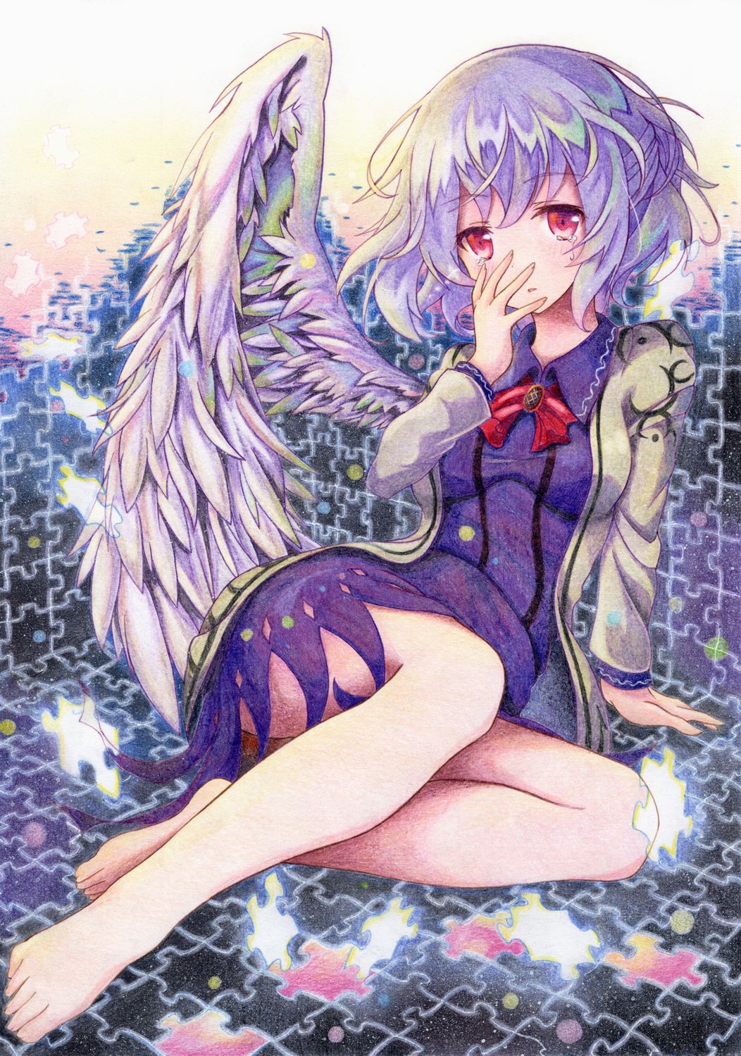 1girl barefoot blue_hair bow bowtie brooch commentary_request dress feathered_wings hand_in_front_of_face highres jacket jewelry kishin_sagume kittona long_sleeves puzzle_piece red_eyes short_hair single_wing sitting solo tears touhou watercolor_pencil_(medium) wings