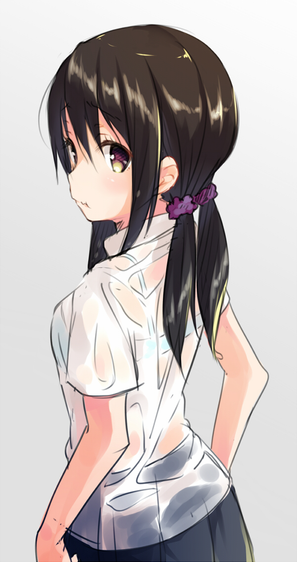 1girl :t bangs black_hair black_skirt blue_bra bra brown_eyes from_side gradient gradient_background grey_background hair_between_eyes hair_ornament hair_scrunchie kotonoha_zaja looking_at_viewer looking_back low_twintails original pleated_skirt pout scrunchie see-through shirt skirt solo twintails underwear upper_body wet wet_clothes wet_shirt