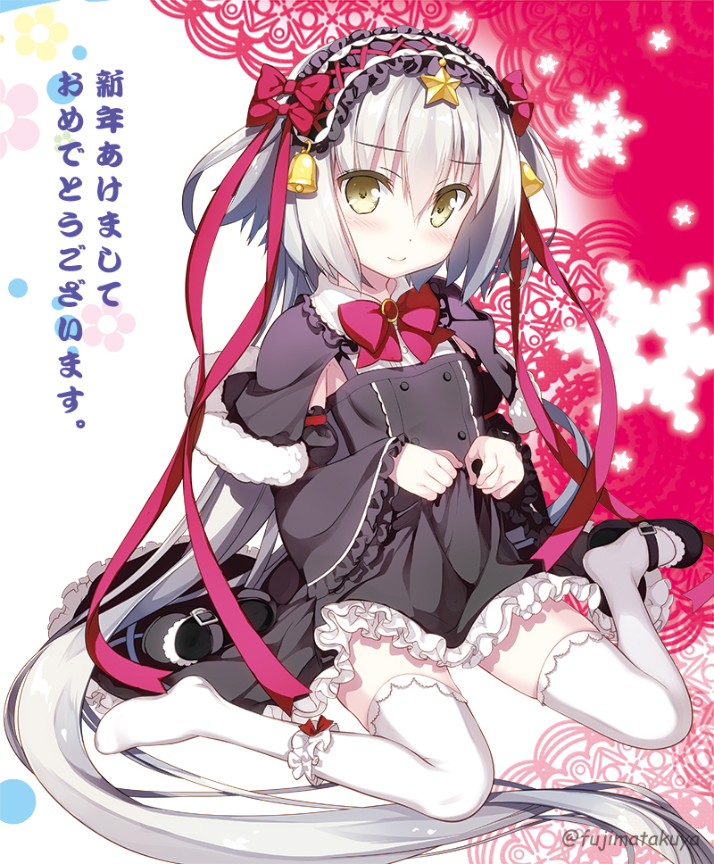 1girl bell bow bowtie capelet commentary_request detached_sleeves dress dress_lift fate/grand_order fate_(series) frills fujima_takuya gothic_lolita hairband jeanne_alter jeanne_alter_(santa_lily)_(fate) lolita_fashion lolita_hairband long_hair looking_at_viewer ruler_(fate/apocrypha) silver_hair single_shoe sitting solo thigh-highs translation_request twitter_username very_long_hair wariza white_legwear wide_sleeves yellow_eyes