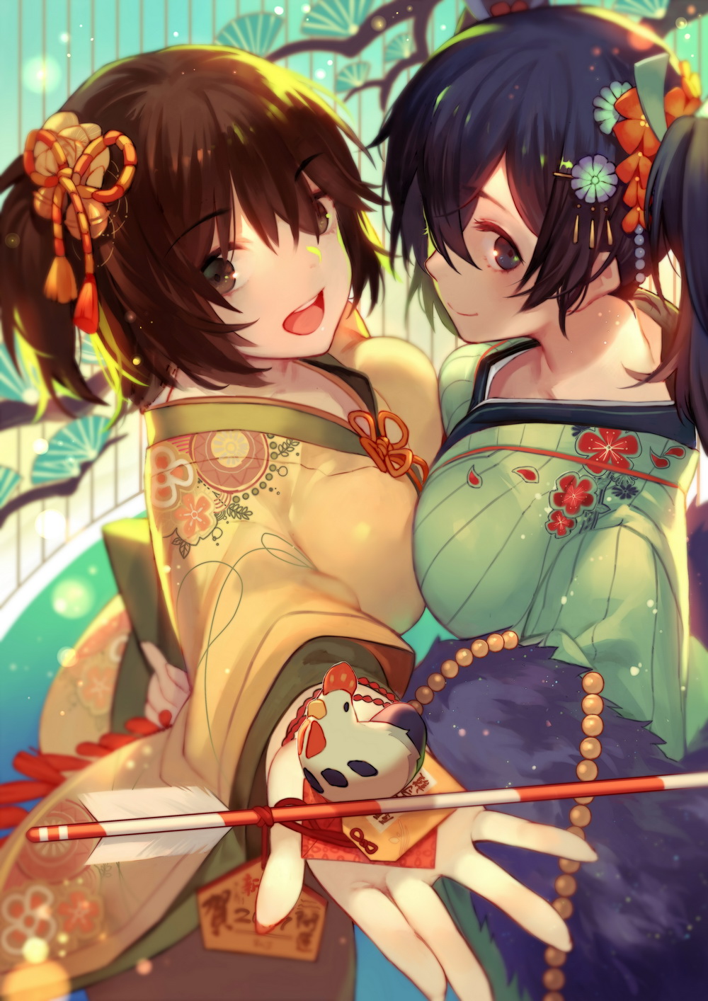 2girls arrow bird blue_hair blurry breasts brown_hair chicken depth_of_field hair_ornament highres hiryuu_(kantai_collection) japanese_clothes joseph_lee kantai_collection kimono large_breasts multiple_girls short_hair souryuu_(kantai_collection) symmetrical_docking twintails