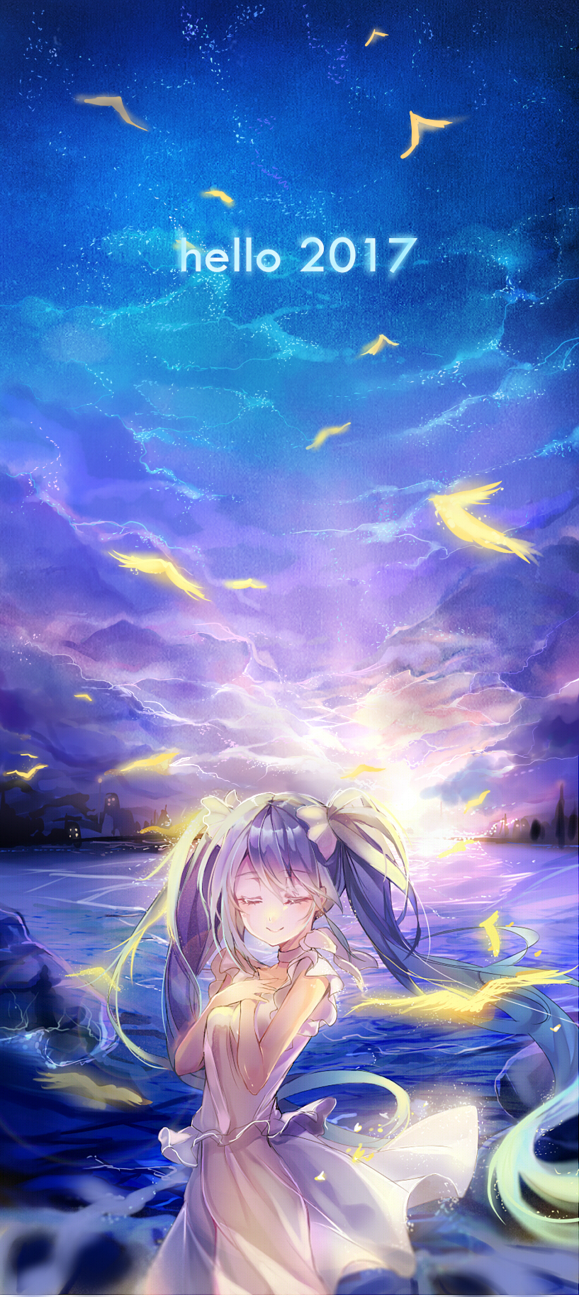1girl 2017 bangs bird blouse blue_sky blurry closed_eyes commentary depth_of_field evening eyebrows_visible_through_hair hair_between_eyes hands_on_own_chest hatsune_miku highres light_rays long_hair new_year night night_sky ocean short_sleeves skirt sky smile solo star_(sky) starry_sky sunbeam sunlight takitou twintails very_long_hair vocaloid white_blouse white_skirt wind wind_lift