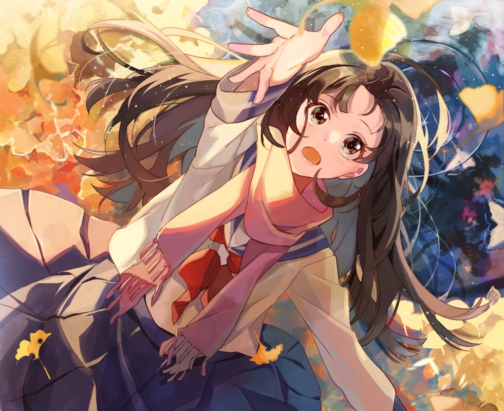 1girl autumn_leaves bangs black_skirt blurry blush brown_eyes brown_hair depth_of_field fringe ginkgo long_hair long_skirt looking_up neckerchief open_mouth original outstretched_arm pink_scarf pleated_skirt ripples scarf school_uniform serafuku skirt solo tatsumi3
