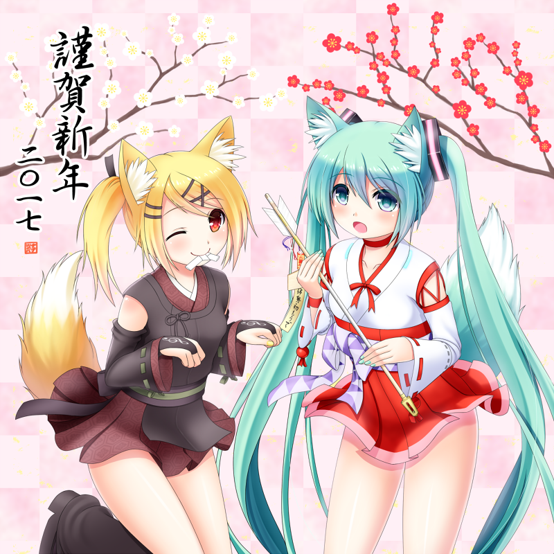 2017 2girls animal_ears blonde_hair bridal_gauntlets checkered checkered_background detached_sleeves fox_ears fox_tail green_eyes green_hair hair_ornament hairclip hatsune_miku kagamine_rin long_hair multiple_girls nanatsuba nengajou new_year one_eye_closed open_mouth project_diva_(series) red_eyes skirt smile tail twintails very_long_hair vocaloid