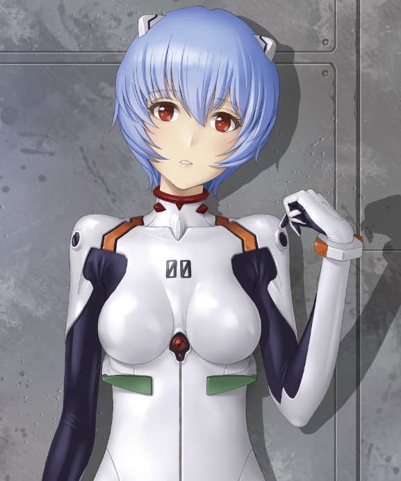 1girl ayanami_rei bangs blue_hair breasts eyebrows_visible_through_hair head_tilt looking_at_viewer neon_genesis_evangelion parted_lips pilot_suit plugsuit red_eyes shadow short_hair skin_tight small_breasts solo upper_body watanabe_yasuaki